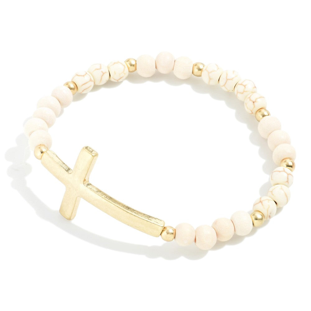 Cross White and Gold Bead Bracelet